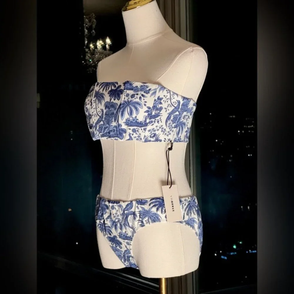 🆕 STAUD 🧿 NWT Blue Toile Bikini Set, Mala Top & Corsage Bottom - Sz L - Blue - Picture 9 of 16